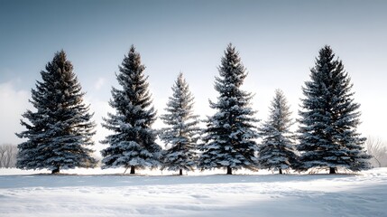 Obraz premium Frost-covered evergreen trees stand in a row against a crisp, clear winter sky. The tranquil scene shows a snowy landscape, bathed in soft sunlight.