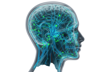 Human head with brain and nervous system PNG isolated, medical visualization of neurology and neural connections on transparent background