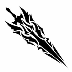 Black and white tribal sword tattoo design featuring bold, sharp lines and intricate patterns