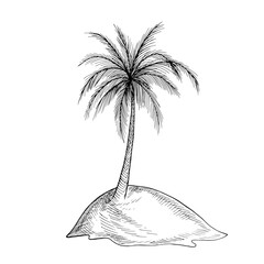 A palm tree on a small island. Black and white graphics, vector illustrations, hand-drawn illustrations. For games and holidays. For stickers, postcards, posters and banners, packaging, and much more.