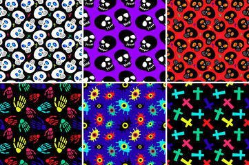 Halloween creepy scary seamless patterns. Patterns with bones, pumpkins, skulls, skeletons. Vector illustration 