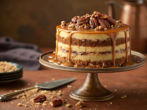 A delicious caramel pecan cake with layers of moist cake and creamy filling, topped with a generous drizzle of caramel sauce and crunchy pecans, presented on a vintage cake stand