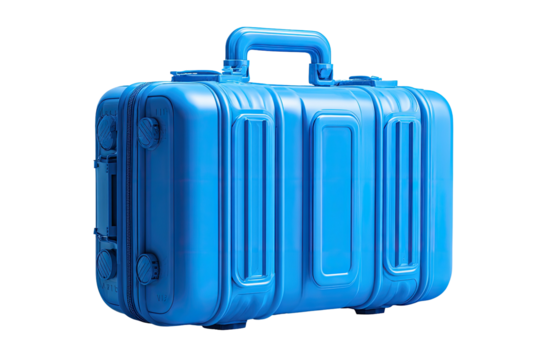 A vivid, cyan, rectangular suitcase with a handle, latches, and rivets isolated on black