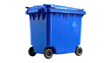 A vibrant blue, wheeled waste container