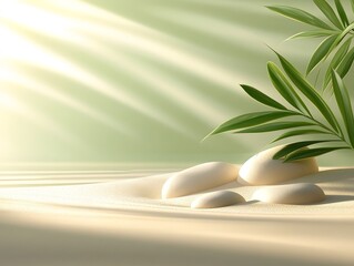 Obraz premium Serene Sand Zen Garden Stones Palm Leaf Sunlight