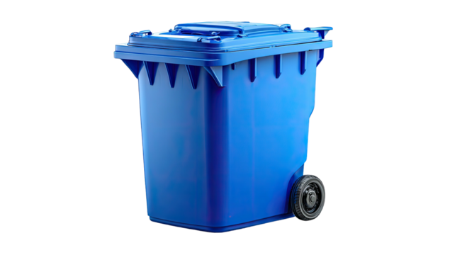 A bright blue, wheeled, lidded container for waste disposal stands against a stark black backdrop