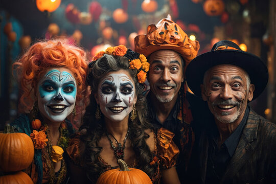 Group people friends in Halloween costumes pose for selfie photo AI Generative