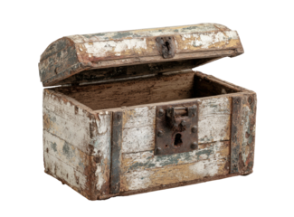Weathered wooden chest with a partially open lid, showing signs of age and wear