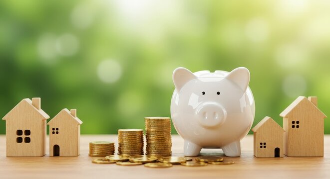 Piggy bank and stacks of coins surrounded by miniature houses