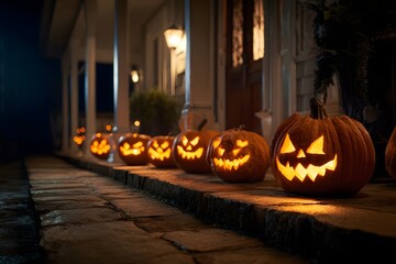 Glowing carved pumpkins lined up on spooky front porch