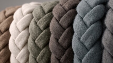 Detailed medium shot capturing braided textile trims in various shades the main braids sharp against a muted softly blurred setting.