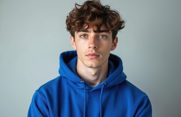 Young man with curly hair wears blue hoodie. Studio portrait shows casual style and modern look. Attractive model presents streetwear fashion. Clean background highlights face features.