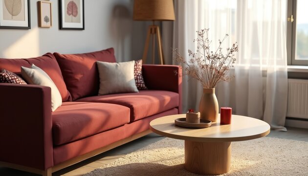 Modern living room with maroon sofa, wood coffee table. Natural sunlight streams through window, sheer curtains. Home interior design features minimalist decor, vase with dried plants. Red candle