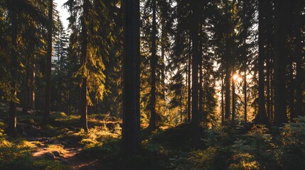 Obraz premium Sunlight filters through a dense forest of tall, dark trees, illuminating the undergrowth with warm, golden light, creating a serene and natural landscape with a pathway winding through the scene,...