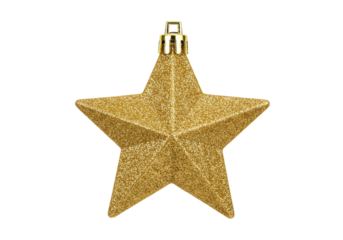 Isolated gold sparkly Christmas star ornament, festive glitter decoration for tree, holiday cheer