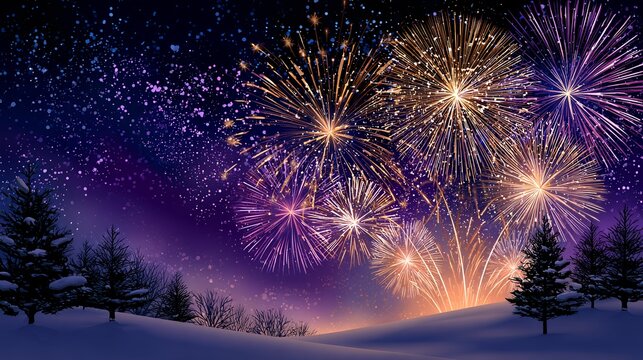 Cinematic winter night fireworks exploding over snowy forest and hills, colorful festive sky glowing with purple and yellow lights, magical holiday celebration for Christmas and New Year.