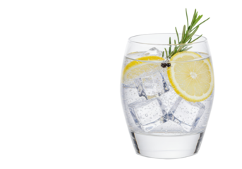 Isolated gin and tonic in a rocks glass with lemon slices and rosemary sprig garnish