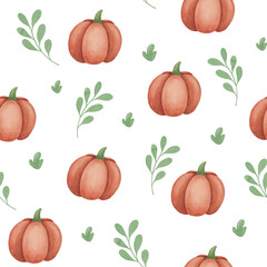 Watercolor seamless pattern featuring orange pumpkins and green leaves. Hand drawn background for autumn event invitations, home textiles, wrapping paper.