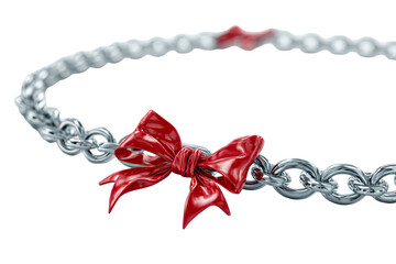 Shiny chain with a red bow. A segment has a slight change in color. Black background