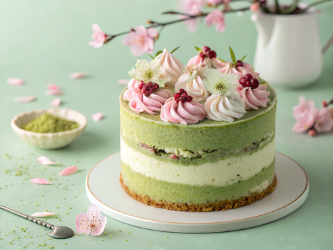 Delicious matcha cake with pink meringue and raspberries, decorated with fresh flowers and served on a white plate, perfect for celebrations and dessert lovers