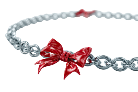 Shiny chain with a red bow. A segment has a slight change in color. Black background