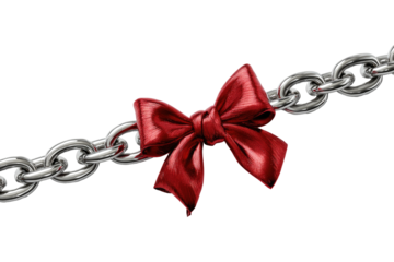 A shiny red ribbon tied to a silver metallic chain over a black background