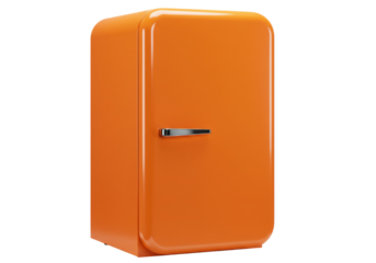 Retro orange refrigerator isolated on transparent background, vintage style fridge for kitchen appliance and home decor