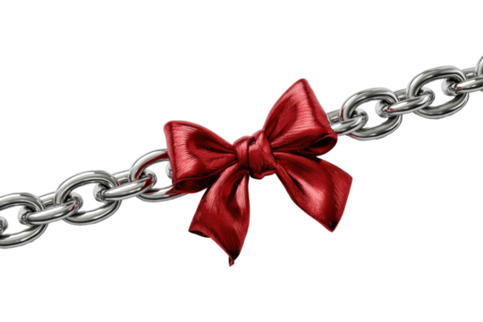 A shiny red ribbon tied to a silver metallic chain over a black background