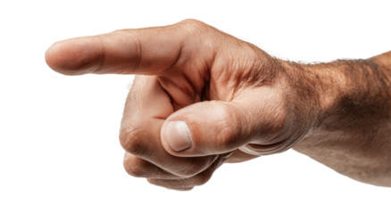 Isolated close-up of a tanned human hand pointing to the side with a clear, smooth nail