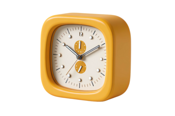 A vibrant, square alarm clock in yellow with a beige face against a black background