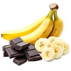 Delicious Bananas and Dark Chocolate Isolated on White Background