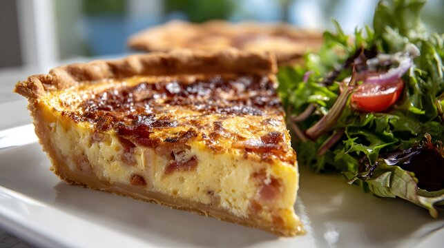 Delicious slice of savory quiche features a flaky, golden crust with a creamy custard filling speckled with bacon and herbs, served with a fresh, vibrant side salad of mixed greens and tomatoes,... - Powered by Adobe