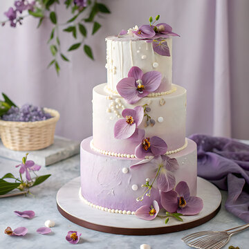 Elegant threetier wedding cake adorned with delicate purple orchids and pearl accents, set against a soft lavender backdrop, perfect for a celebration