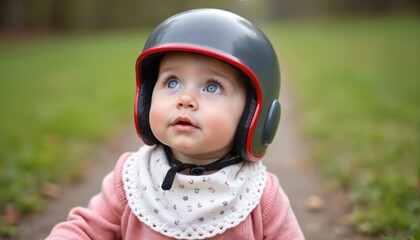 Baby girl with striking blue eyes wears a cranial helmet for flat head correction. She looks up attentively, possibly during a therapy session or outdoor activity.