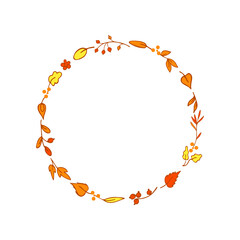 Fantasy leaves, twigs and berries in autumn wreath, shades of orange. Simple colored sketch
