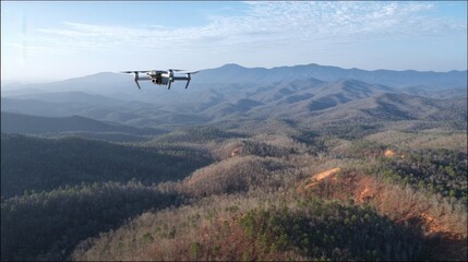 Medium shot of a drone operating over varied terrain collecting geospatial data for environmental analysis and land mapping