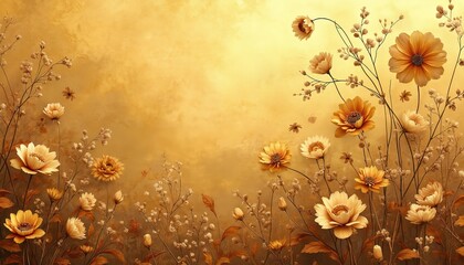 Artwork depicts floral composition on golden background. Decorative flowers botanical illustration. Yellow aesthetic design, art deco style for print and wallpaper. Abstract painting, nature, beauty