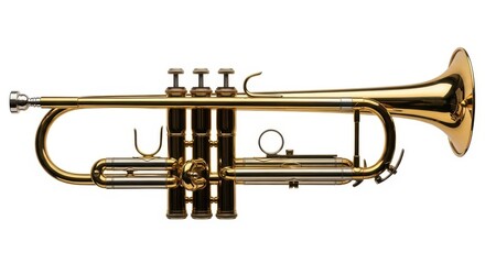 Fototapeta premium Shiny golden trumpet instrument isolated on white background detail view
