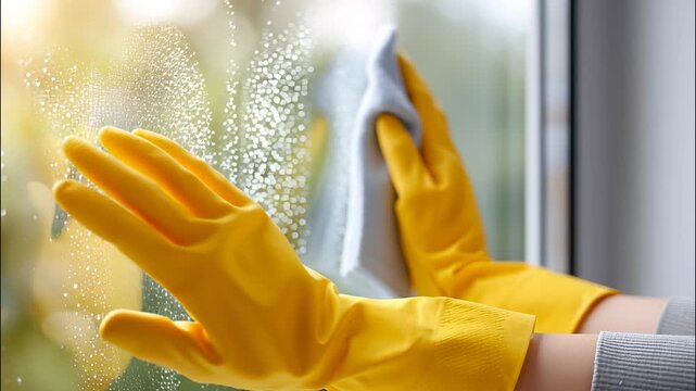 Yellow rubber gloved hand wiping window glass with microfiber cloth, achieving streak free cleaning precision video 4k