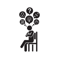 Pondering Stick Figure Icon, Person Sitting and Thinking with Question Marks, a Symbol of Confusion, Doubt, and Decision Making.
