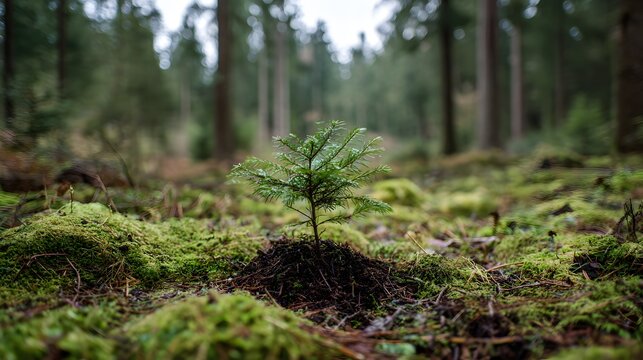 Young evergreen tree seedling thrives in a lush forest environment, surrounded by vibrant green moss and fallen leaves, under a soft, diffused light, conveying a sense of hope and the beginning of...