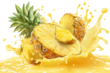 A fresh pineapple cut in half with a splash of juice, rendered against a black background