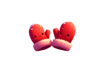 Cute cartoon red winter mittens with fluffy white trim smiling together isolated on transparent background