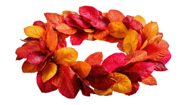 An autumnal wreath composed of vibrant, colorful leaves, arranged in a circular shape