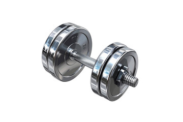 Shiny chrome adjustable dumbbell with threaded screw and weight plates isolated on transparent background