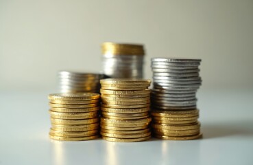 Stacks of shiny gold, silver coins sit on bright table. Image represents money, wealth, finance, savings, investment. Business growth, future profit, economy concepts, financial success, banking