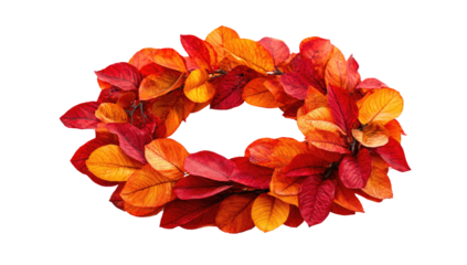 A ring-shaped arrangement of colorful autumn foliage, transitioning through fiery red and orange hues