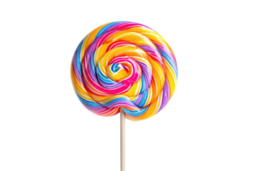 Swirled, colorful candy treat on a stick against a stark black backdrop