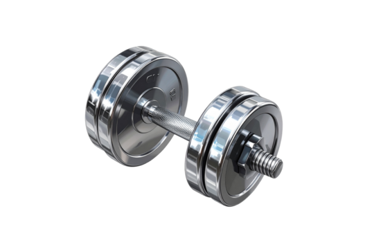 Shiny chrome adjustable dumbbell with threaded screw and weight plates isolated on transparent background