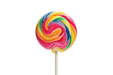 Colorful, spiral-striped confection on a white stick against a solid black background